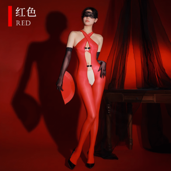 Stretchy Full-Open Glossy Cross Strappy Silky Bodystockings