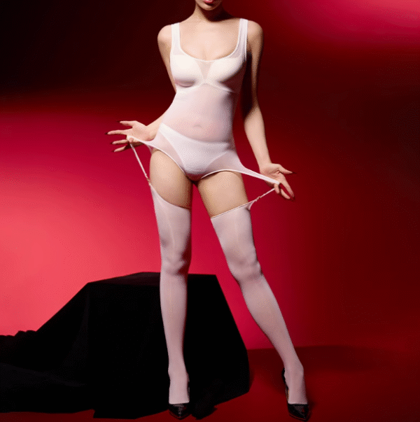 031-2 Silky Glossy Ultra-sheer Tight-fit Vest-style Bodystocking with Attached Suspenders
