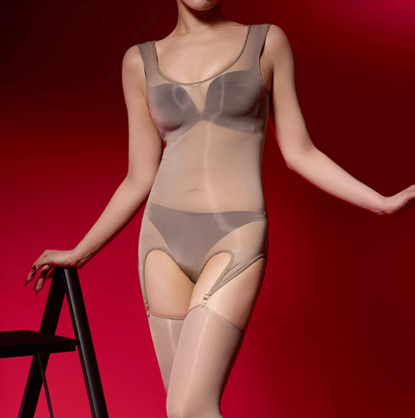 031-3 Silky Glossy Ultra-sheer Tight-fit Vest-style Bodystocking with Attached Suspenders