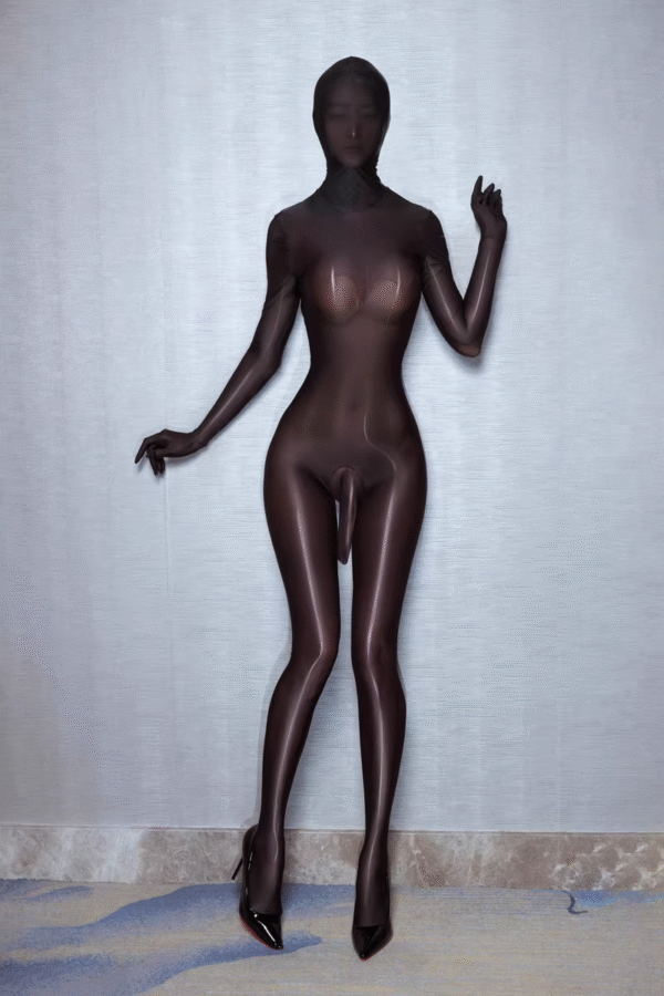 042-13 Men's Plus Size Glossy Full-Enclosure Zipper Bodystocking with Five-Finger Gloves, Enclosed Hood, and Built-in Pouch