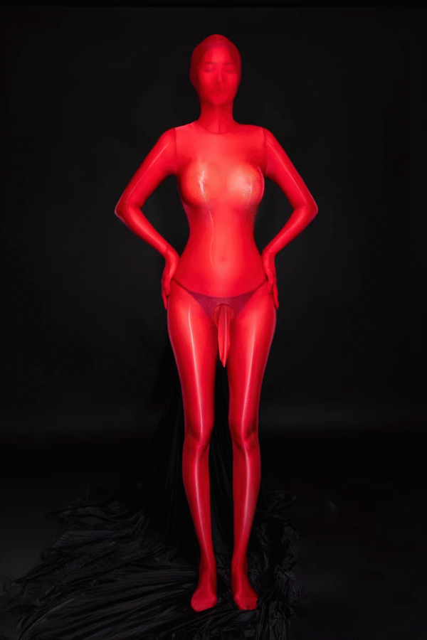 042-4 Men's Plus Size Glossy Full-Enclosure Zipper Bodystocking with Five-Finger Gloves, Enclosed Hood, and Built-in Pouch