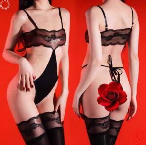 046-8 Sexy Halter V-Cut Sheer Lace Bodysuit with Open Back Tie Design